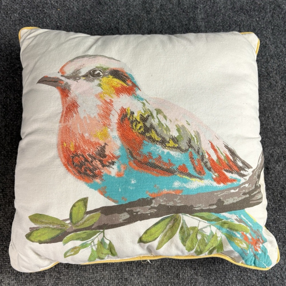 Bird Throw Pillow Cream Blue Pink  Canvas & Embroidered 17x17